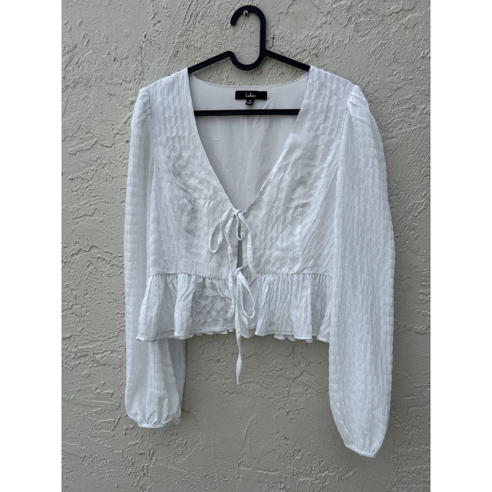 Lulus White Tie Front Long Sleeve Peplum Crop Top Textured V-Neck Blouse Medium